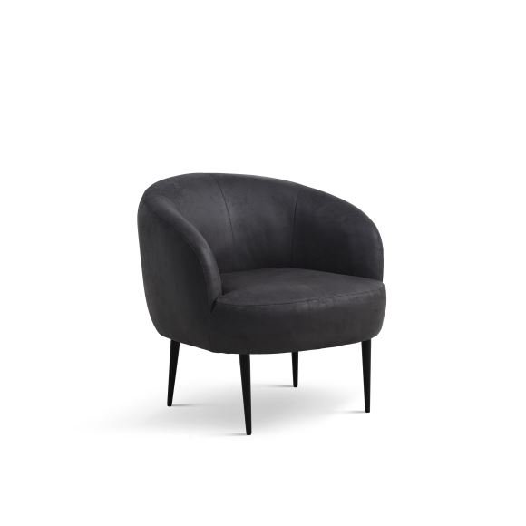 Conrad Loungesessel mit Armlehnen – Onyxschwarzes Microleder Bull und schwarzes Metall