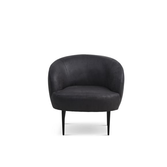 Conrad Loungesessel mit Armlehnen – Onyxschwarzes Microleder Bull und schwarzes Metall