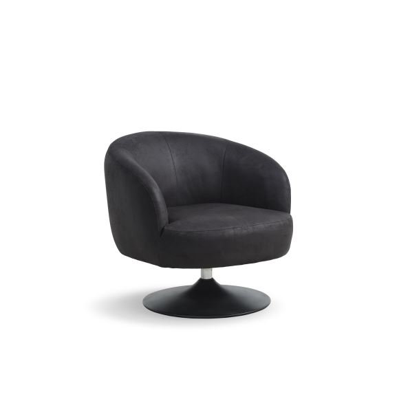 Conrad Loungesessel mit Armlehnen und Trompetenfuß – Onyxschwarzes Microleder Bull und schwarzes Metall
