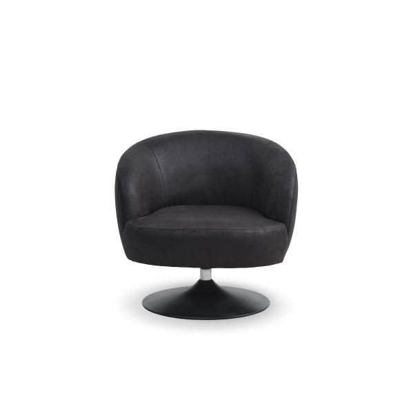 Conrad Loungesessel mit Armlehnen und Trompetenfuß – Onyxschwarzes Microleder Bull und schwarzes Metall