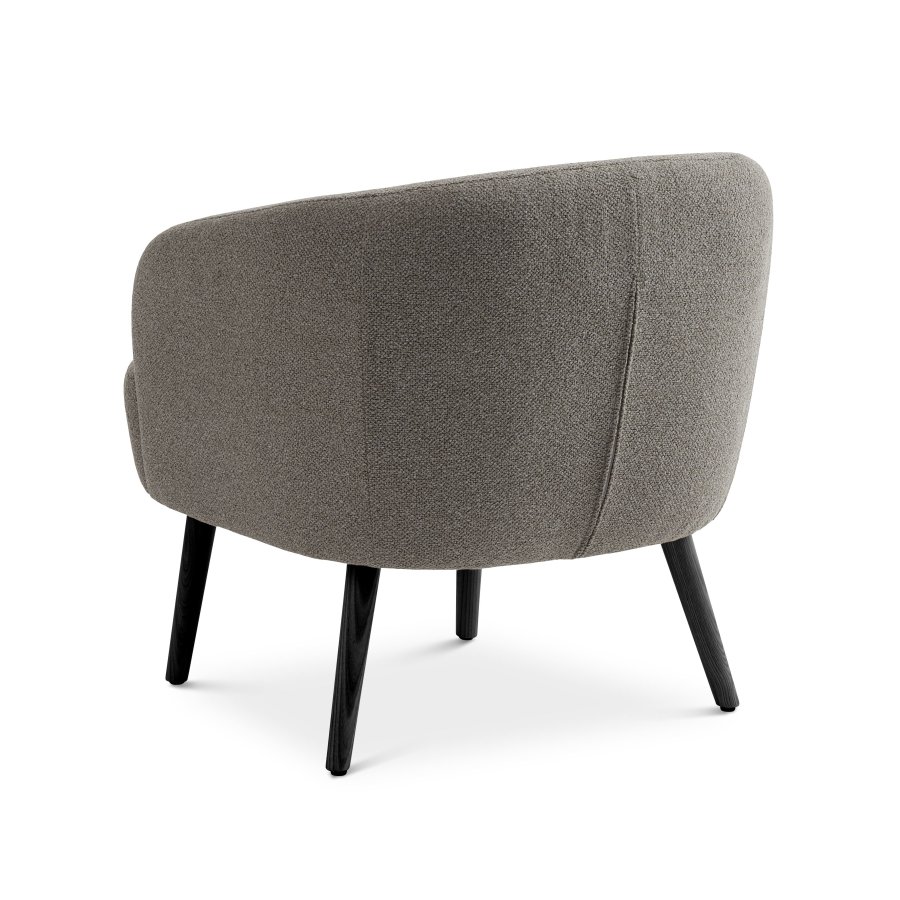 Conrad Loungesessel mit Armlehnen – pilzfarbener Polyesterstoff und schwarzes Eschenholz