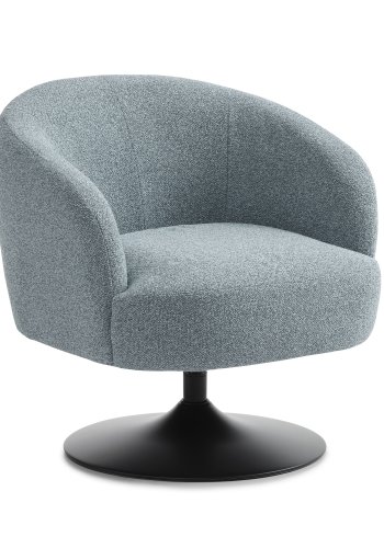 Conrad Loungesessel mit Armlehnen und Trompetenfuß – eierblauer Polyesterstoff und schwarzes Metall