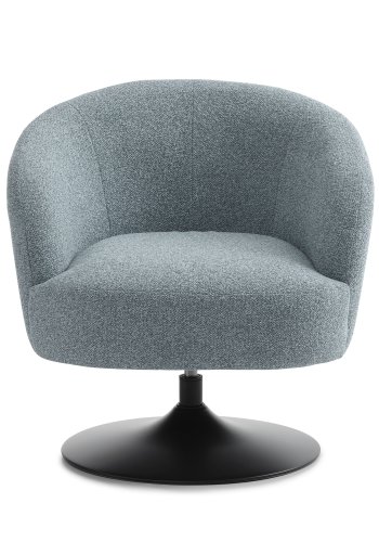 Conrad Loungesessel mit Armlehnen und Trompetenfuß – eierblauer Polyesterstoff und schwarzes Metall