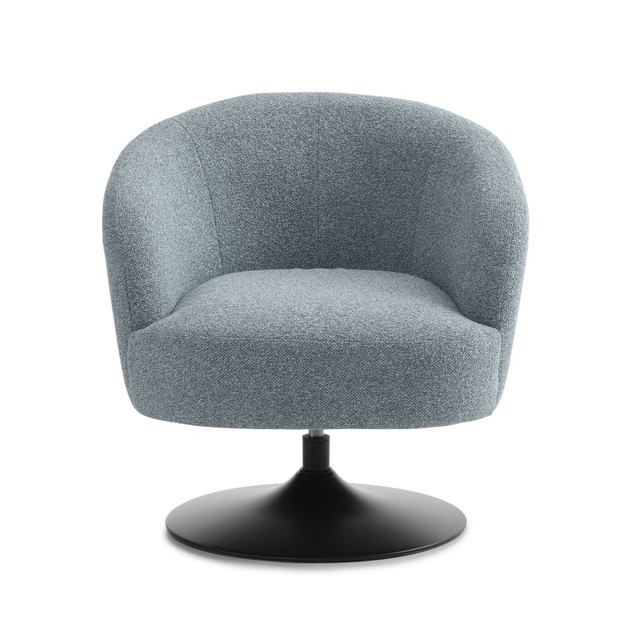 Conrad Loungesessel mit Armlehnen und Trompetenfuß – eierblauer Polyesterstoff und schwarzes Metall