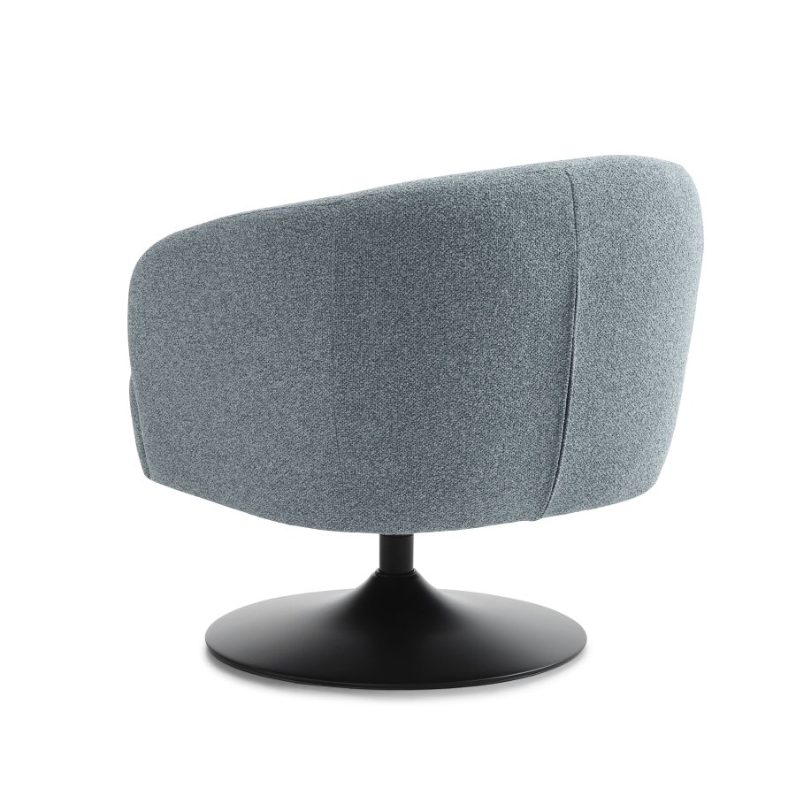 Conrad Loungesessel mit Armlehnen und Trompetenfuß – eierblauer Polyesterstoff und schwarzes Metall