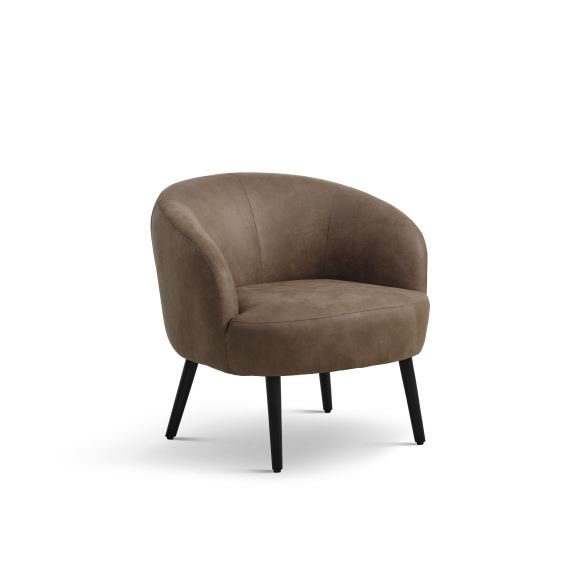 Conrad Loungesessel mit Armlehnen – Mandel-Mikroleder Bull und schwarzes Holz