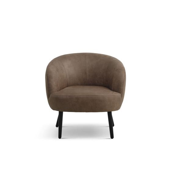 Conrad Loungesessel mit Armlehnen – Mandel-Mikroleder Bull und schwarzes Holz