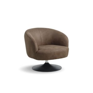 Conrad ftölj, med armstöd och trumpetfot - mandelfärgad mikroläder och tjurfärgad metall