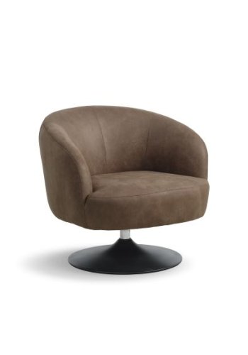 Conrad Loungesessel mit Armlehnen und Trompetenfuß – Mandel-Mikroleder Bull und schwarzes Metall