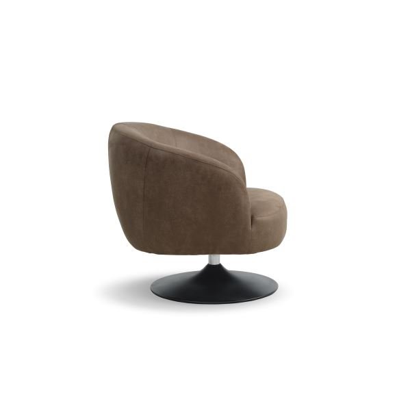 Conrad Loungesessel mit Armlehnen und Trompetenfuß – Mandel-Mikroleder Bull und schwarzes Metall