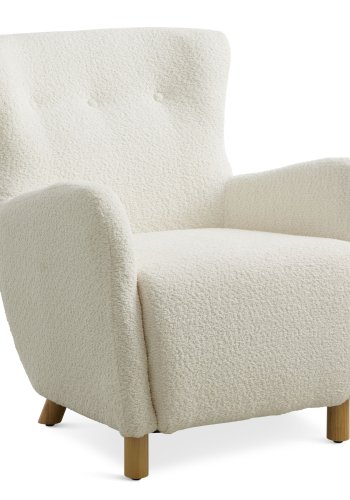 Milas lenestol, med armlener - elfenbens polyesterstoff og naturlig ask