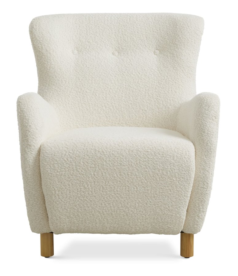 Milas lenestol, med armlener - elfenbens polyesterstoff og naturlig ask