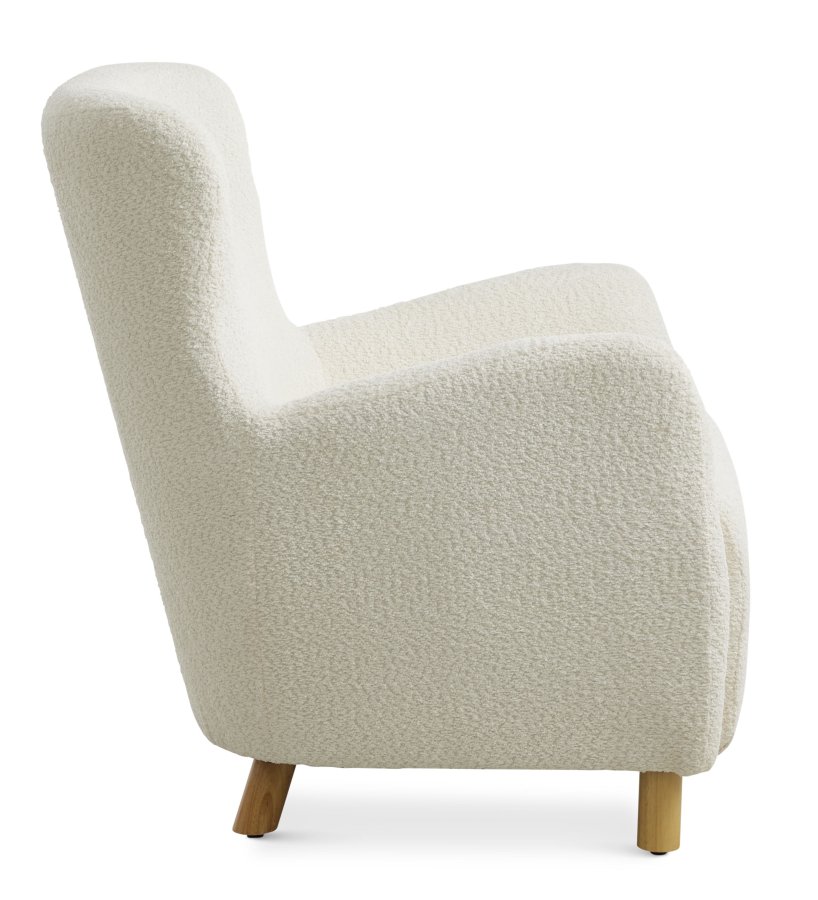 Milas lenestol, med armlener - elfenbens polyesterstoff og naturlig ask