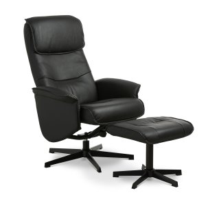 Christian lnestol, m. armln, inkl. fodskammel - sort lder/PVC og sort metal