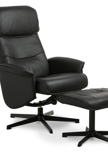 Christian Sessel, mit Armlehnen, inklusive Fußhocker - schwarzes Leder/PVC und schwarzes Metall