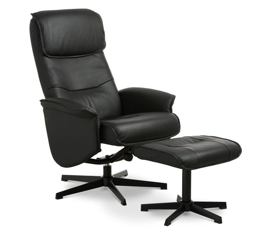 Christian Sessel, mit Armlehnen, inklusive Fußhocker - schwarzes Leder/PVC und schwarzes Metall