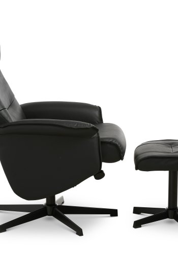 Christian Sessel, mit Armlehnen, inklusive Fußhocker - schwarzes Leder/PVC und schwarzes Metall