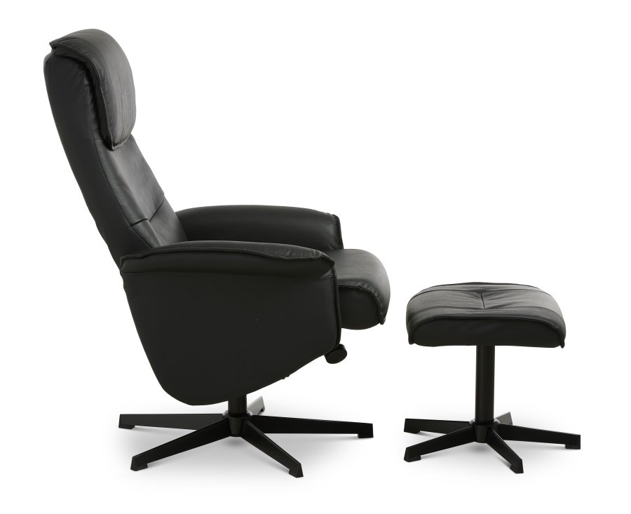 Christian Sessel, mit Armlehnen, inklusive Fußhocker - schwarzes Leder/PVC und schwarzes Metall