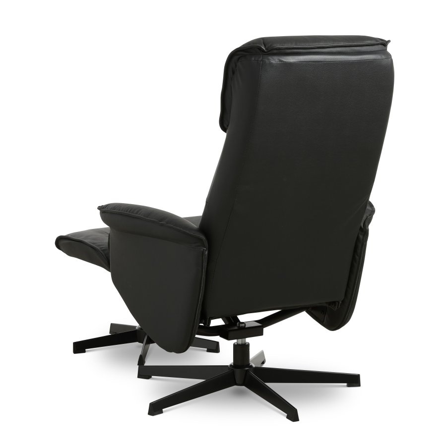 Christian Sessel, mit Armlehnen, inklusive Fußhocker - schwarzes Leder/PVC und schwarzes Metall
