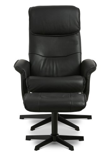 Christian Sessel, mit Armlehnen, inklusive Fußhocker - schwarzes Leder/PVC und schwarzes Metall