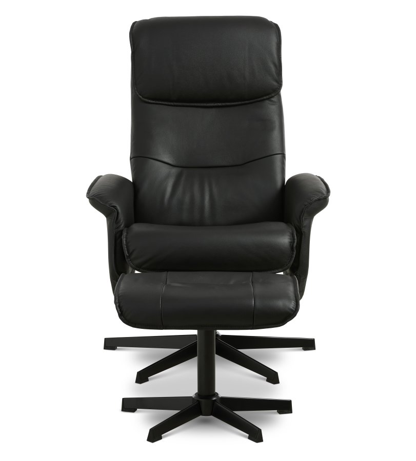 Christian Sessel, mit Armlehnen, inklusive Fußhocker - schwarzes Leder/PVC und schwarzes Metall