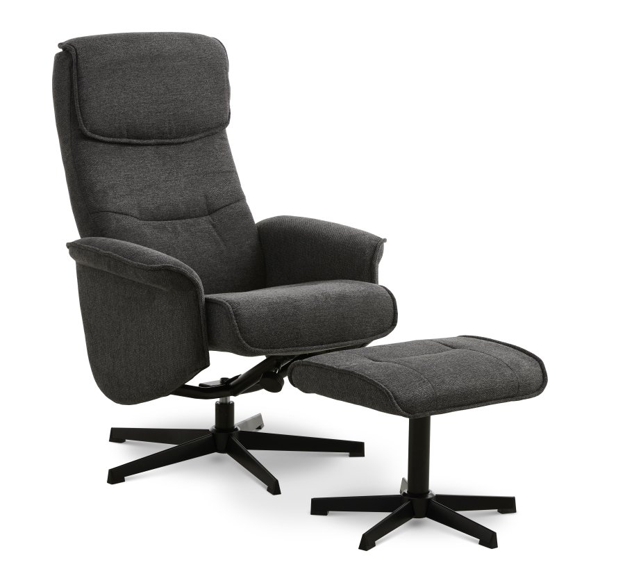 Christian Sessel, mit Armlehnen, inklusive Fußhocker – anthrazitgraues Polyester und schwarzes Metall