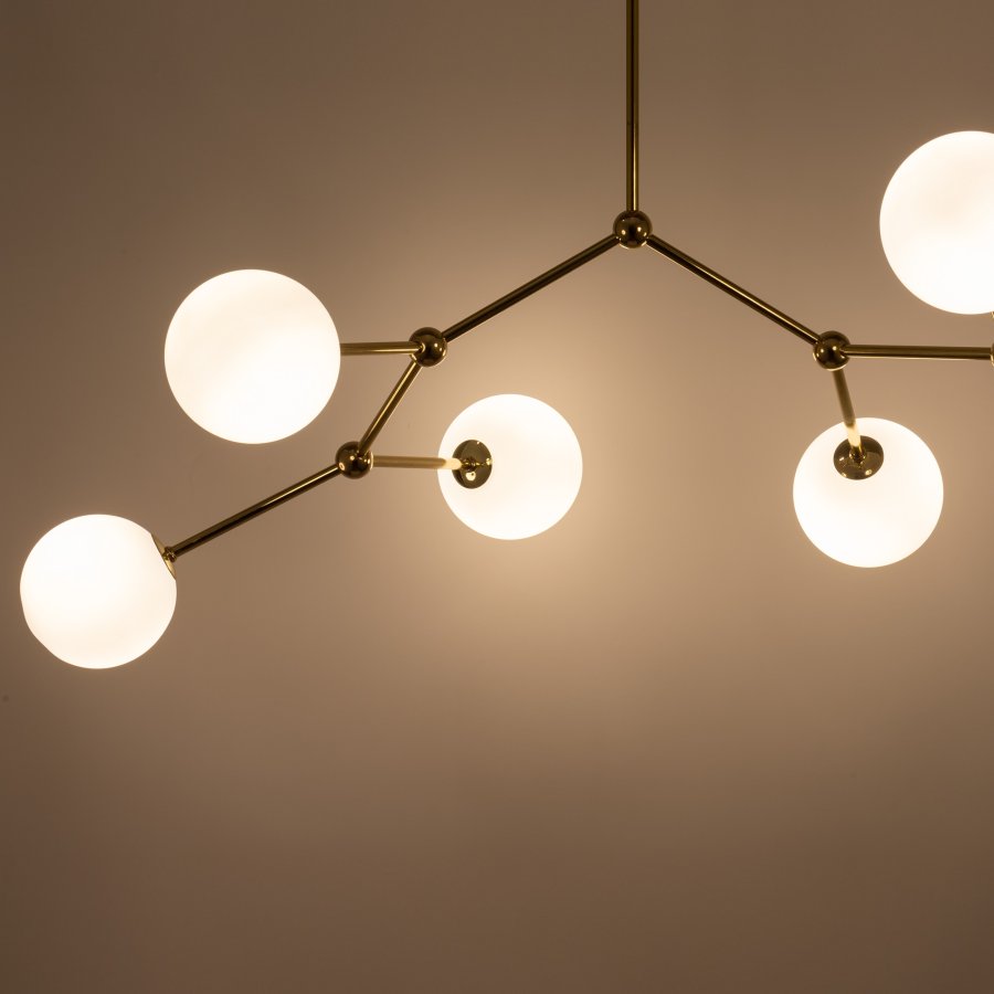 TK Fairy loftlampe, m. 6 skjermer - hvitt glass og gullmetall