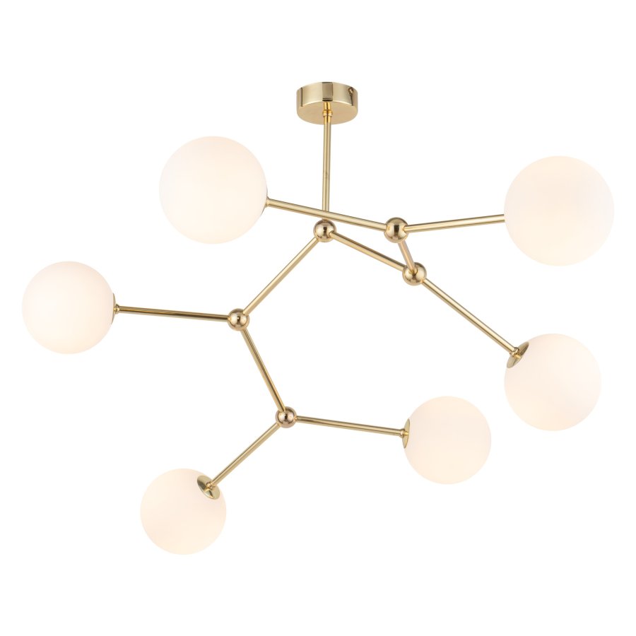 TK Fairy loftlampe, m. 6 skjermer - hvitt glass og gullmetall