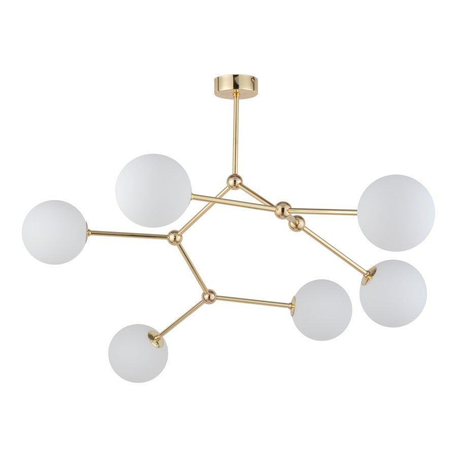 TK Fairy loftlampe, m. 6 skjermer - hvitt glass og gullmetall