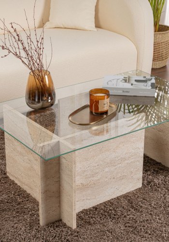 NORDVRK Vetrino salongbord, rektangulrt - glass og travertin melamin (105x65)