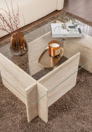 NORDVRK Vetrino salongbord, rektangulrt - glass og travertin melamin (105x65)