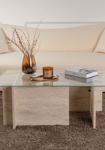 NORDVRK Vetrino salongbord, rektangulrt - glass og travertin melamin (105x65)
