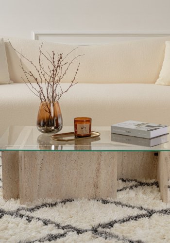 NORDVRK Flavio salongbord, rektangulrt - glass og melamin med travertinlook (105x65)