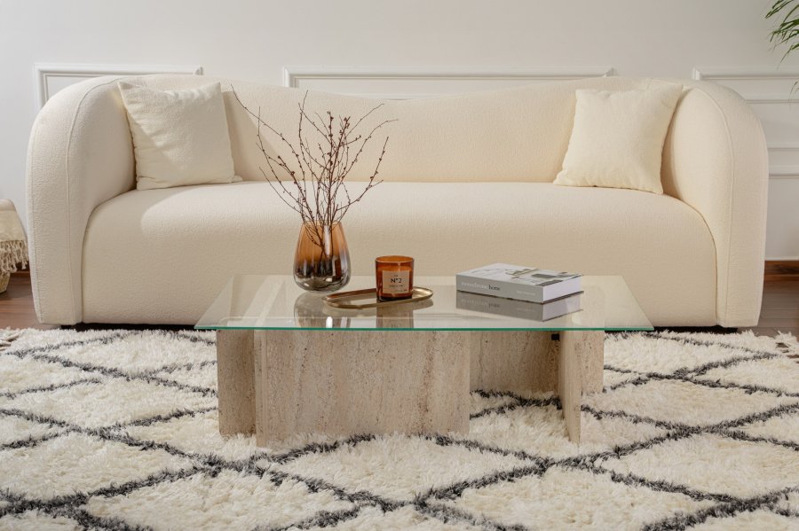 NORDVRK Flavio salongbord, rektangulrt - glass og melamin med travertinlook (105x65)