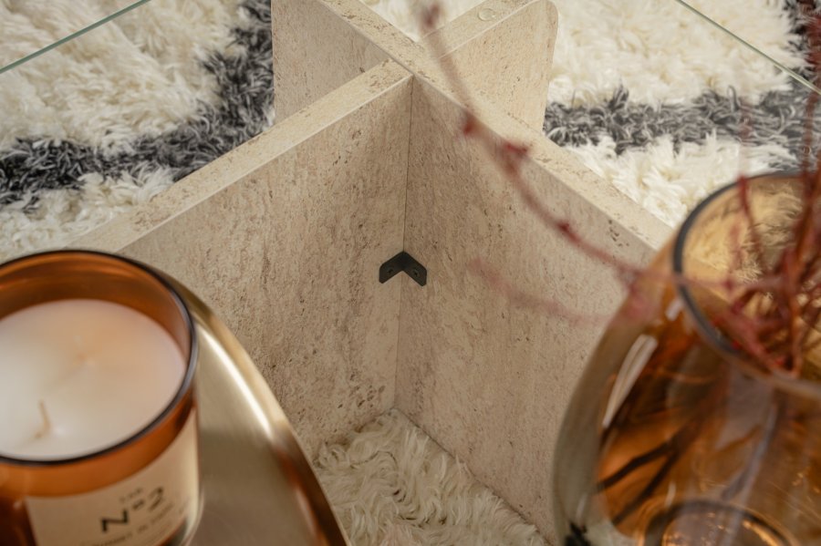 NORDVRK Flavio salongbord, rektangulrt - glass og melamin med travertinlook (105x65)