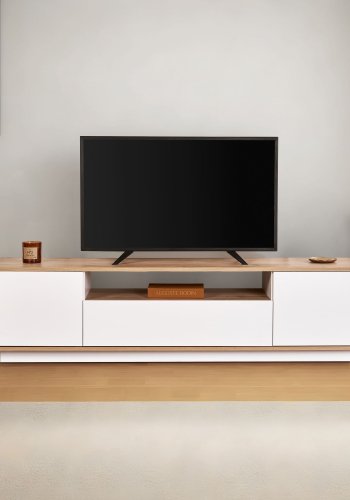 NORDVÄRK Veramont TV-bord, m. 3 lger, 1 hylde - hvid og Cadiz Oak melamin (180x44,5)