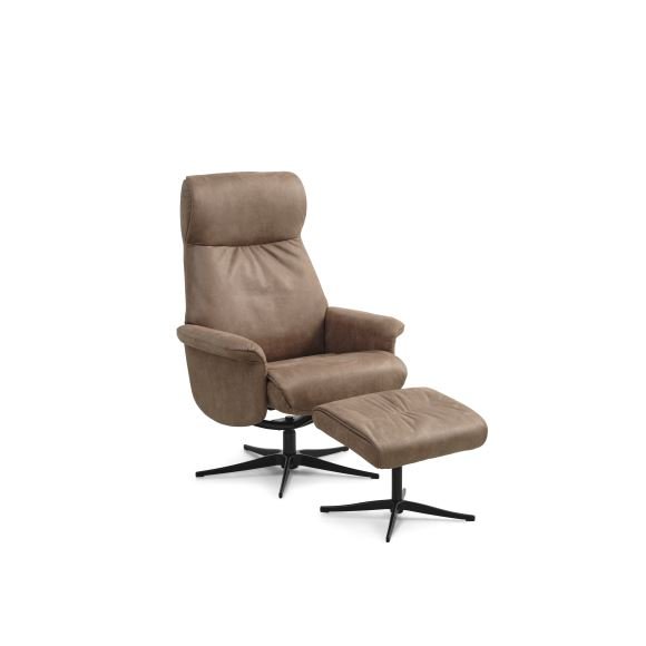 Tristan lenestol, m. fotskammel, vippefunksjon, armlener - mandelfarget mikroskinn i okseskinn og svart metall