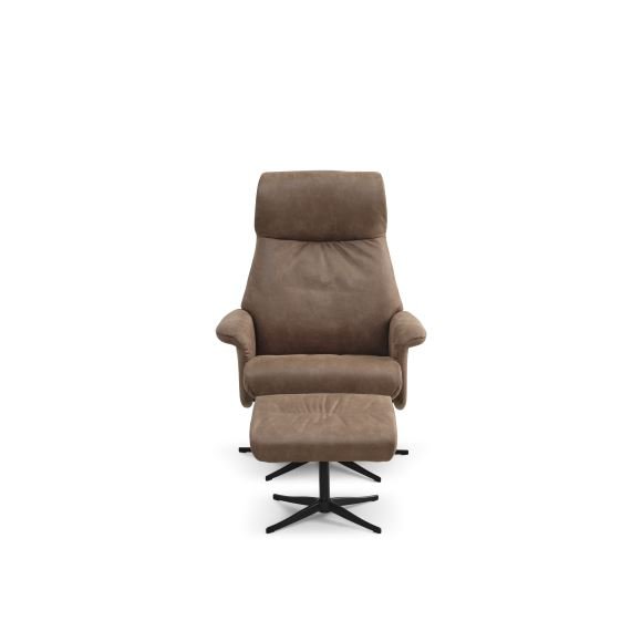 Tristan lenestol, m. fotskammel, vippefunksjon, armlener - mandelfarget mikroskinn i okseskinn og svart metall