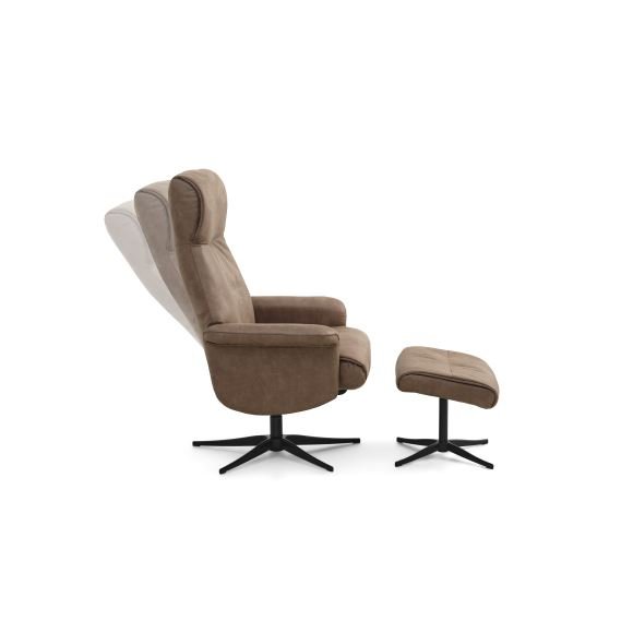 Tristan lenestol, m. fotskammel, vippefunksjon, armlener - mandelfarget mikroskinn i okseskinn og svart metall