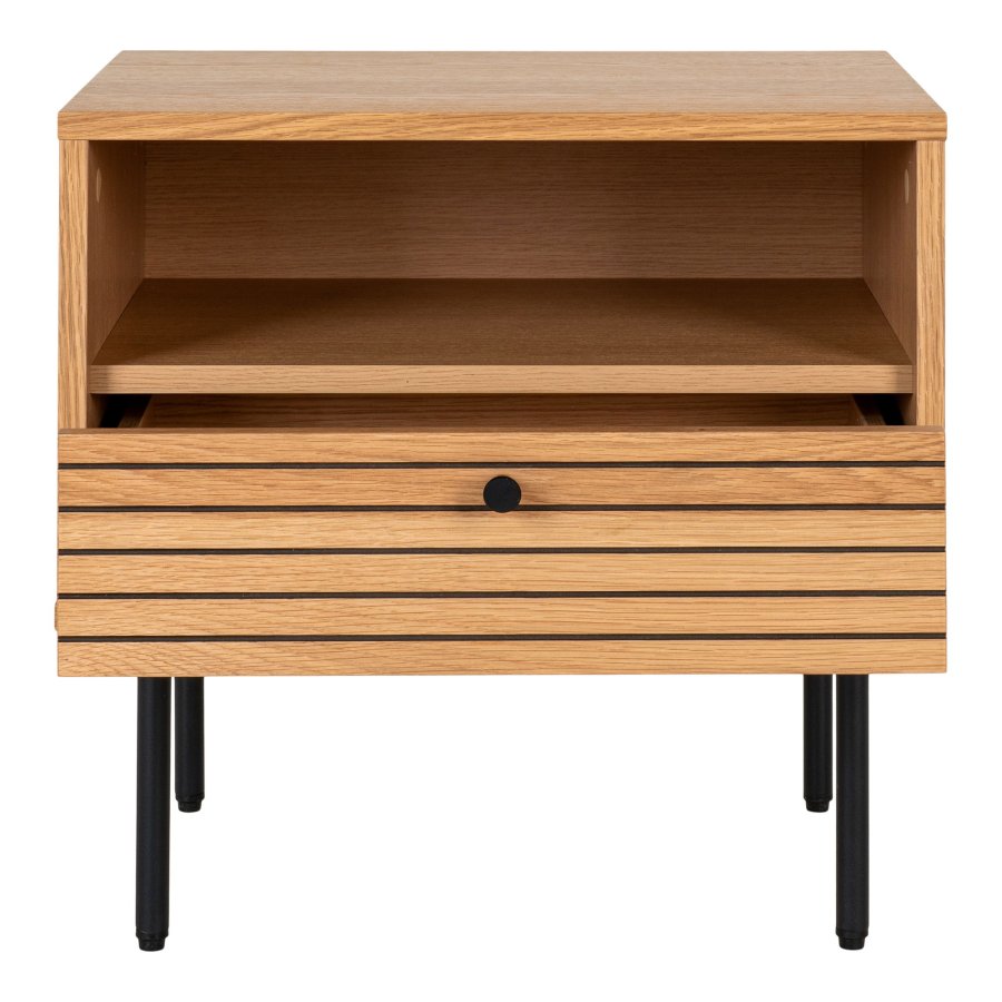 HOUSE NORDIC Hjrnebord, eikefiner, svarte metallben, 1 skuff, 50x40x50 cm