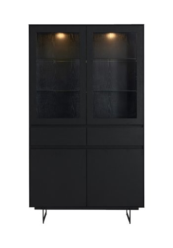 Tokyo vitrineskap, m. 4 drer, 2 skuffer, hyller, LED lys - glass, sort eikefiner og metall