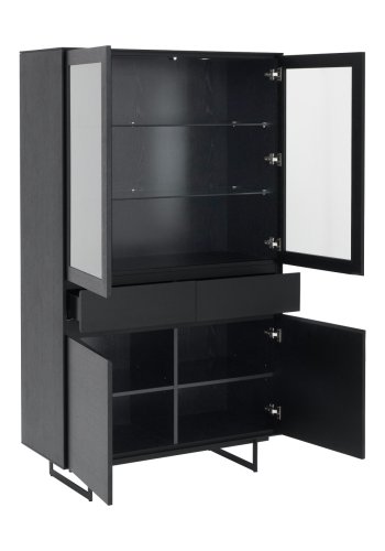 Tokyo vitrineskap, m. 4 drer, 2 skuffer, hyller, LED lys - glass, sort eikefiner og metall