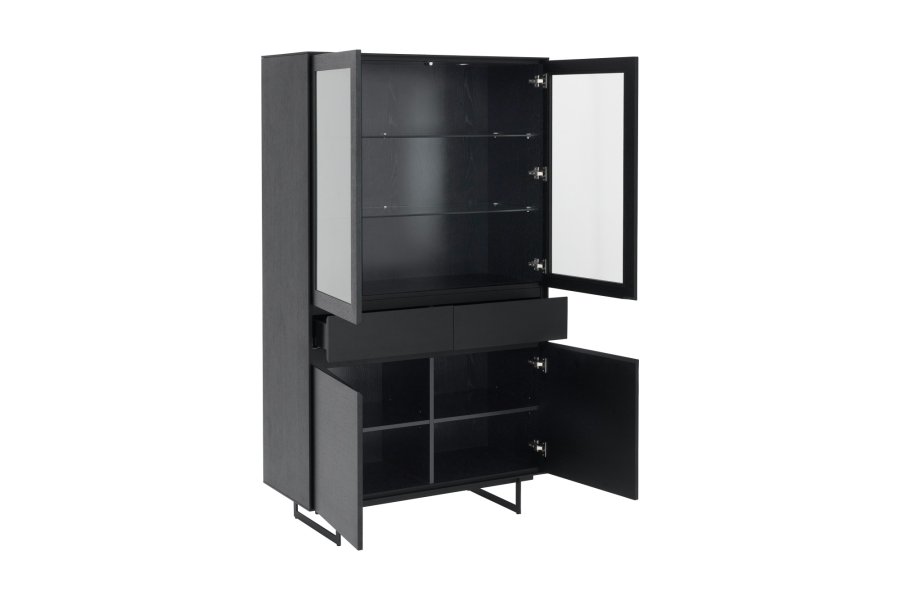 Tokyo vitrineskap, m. 4 drer, 2 skuffer, hyller, LED lys - glass, sort eikefiner og metall