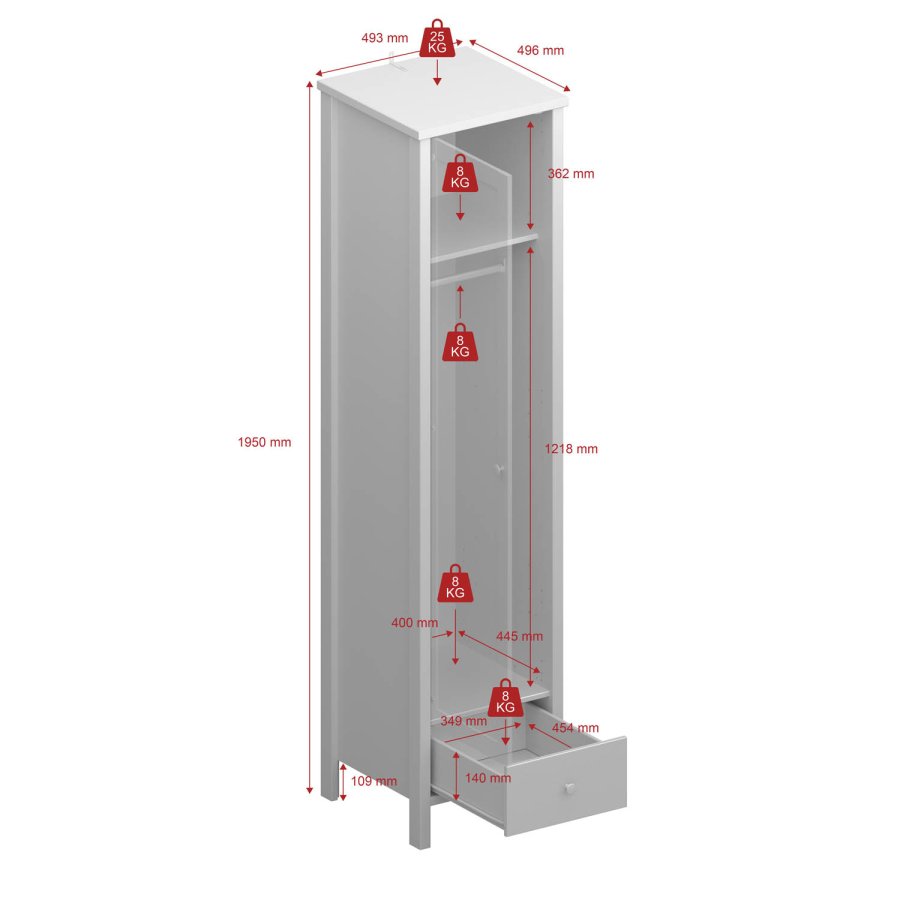 STEENS Tromsö garderobeskab, m. 1 spejllge, 1 hylde, 1 skuffe, 1 bjlestang - hvid MDF