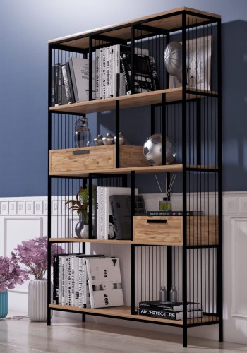 FUNZI LIVING Tokyo Bücherregal, m. 2 Schubladen - braunes Melamin und schwarzes Metall