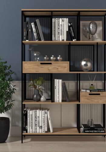 FUNZI LIVING Tokyo Bücherregal, m. 2 Schubladen - braunes Melamin und schwarzes Metall