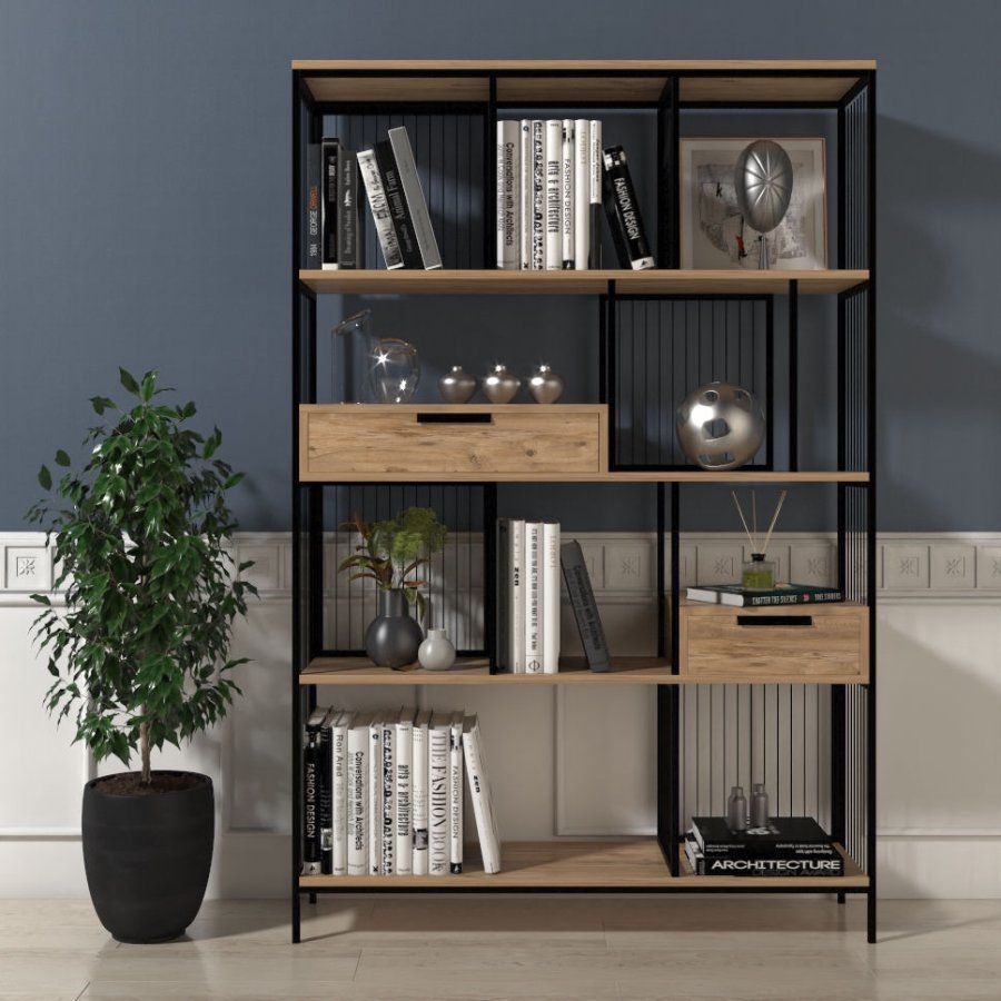 FUNZI LIVING Tokyo Bücherregal, m. 2 Schubladen - braunes Melamin und schwarzes Metall