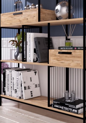 FUNZI LIVING Tokyo Bücherregal, m. 2 Schubladen - braunes Melamin und schwarzes Metall