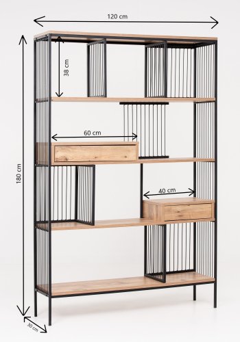 FUNZI LIVING Tokyo Bücherregal, m. 2 Schubladen - braunes Melamin und schwarzes Metall