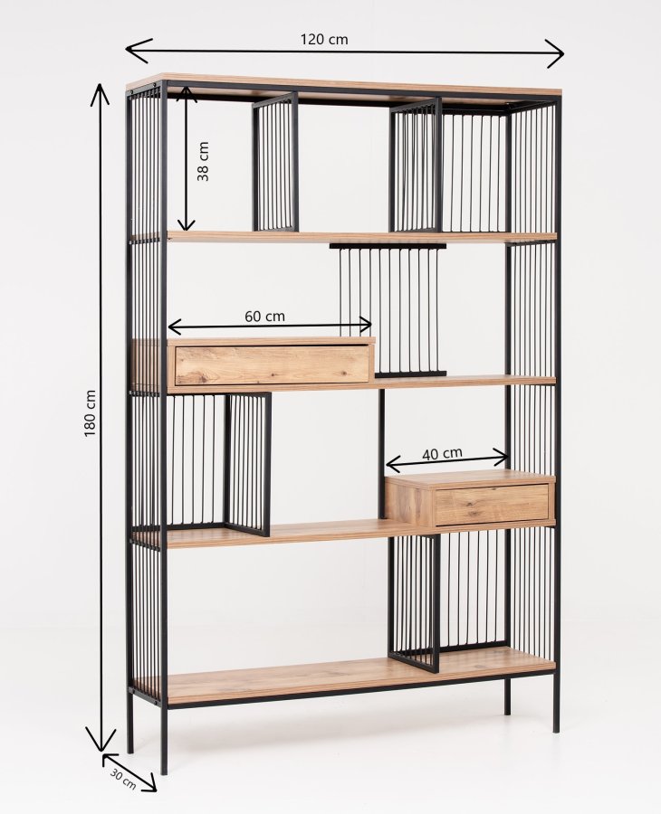 FUNZI LIVING Tokyo Bücherregal, m. 2 Schubladen - braunes Melamin und schwarzes Metall